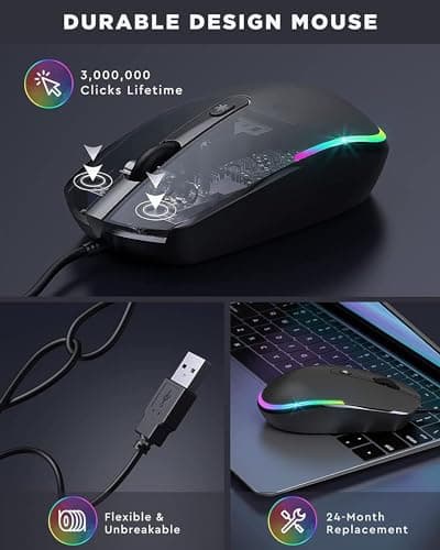 seenda Wired Mouse - USB Corded Mouse with Colorful RGB Backlit, Plug and Play, 1600 DPI Optical Tracking，Silent Computer Mouse for Laptop, PC, Chromebook, Desktop, Office, School, Home, Black — view 3