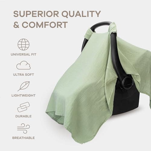 Comfy Cubs Baby Car Seat Cover - Soft, Breathable Bamboo Rayon and Muslin Cotton Blend - Lightweight Canopy for Sun, Bug, and Comfort Protection - Large Size Infant Seat Cover in Sage Design — view 2