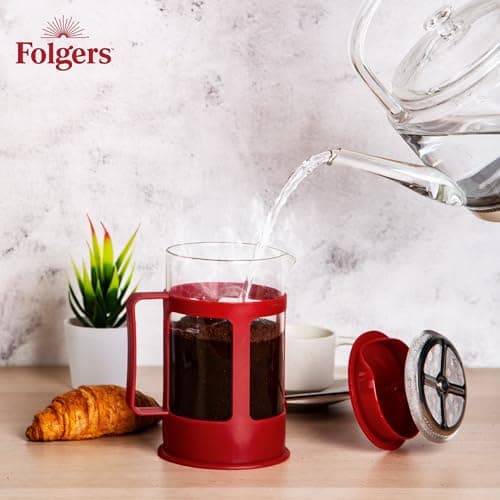 LORD'S ROCKS Folgers Coffee French Press – 600ml Heat-Resistant Glass Coffee Maker with Stainless Steel Filter, Durable Red Frame & Handle, Easy Brewing for Fresh, Bold Flavor — view 2