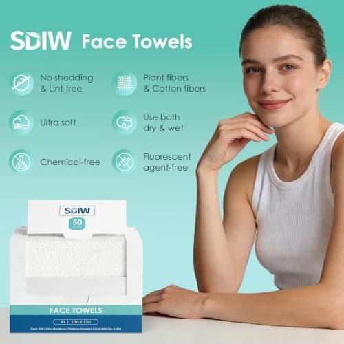 SDIW Face Towels 10"×12", XL Disposable Facial Towels, Extra Thick Clean Face Towelettes, Ultra Soft Makeup Remover Dry Wipes for Sensitive Skin, Cleansing, Travel, 50 Count