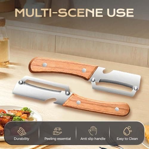 2 Pcs Multi-Functional Vegetable Peeler for Kitchen, Multi Functional Peelers with Wooden Handle and Bottle, Ultra-Sharp Stainless Steel Blade & Ergonomic Wood Handle for Fruit Veggie Pumpkin