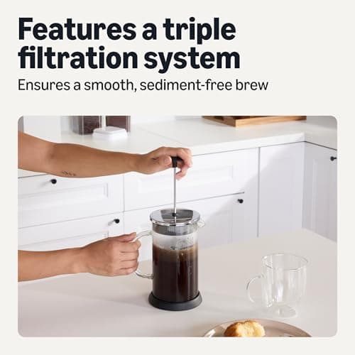 Amazon Basics French Coffee Press, 34 oz., Borosilicate Glass, BPA-Free, Triple Filtration System, Dishwasher-Safe Parts — view 2