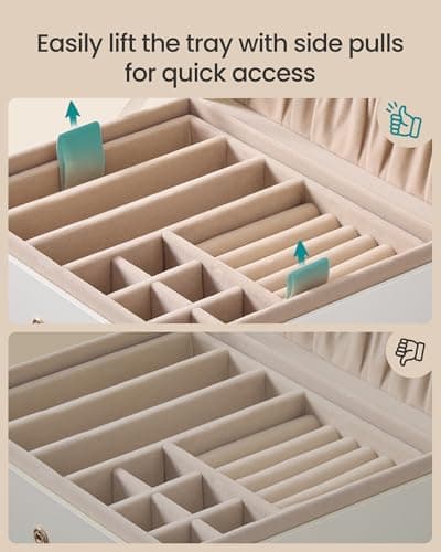 SONGMICS 2-Layer Jewelry Box Organizer, Jewelry Storage Case with Removable Tray and Handle, for Necklaces, Earrings, Rings, Bracelets, 6.7 x 8.1 x 3.7 Inches, Gift Idea, Cream White UJBC208WD01 — view 5