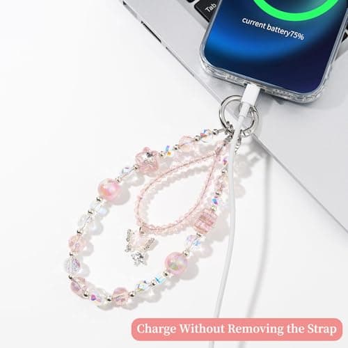 WOZEAH Butterfly Phone Charm for Women, Crystal Beaded Wrist Strap Lanyard with Tether Tab – Anti-Theft Hands-Free Detachable Phone Chain Wristlet（Star Butterfly Pendant） — view 3