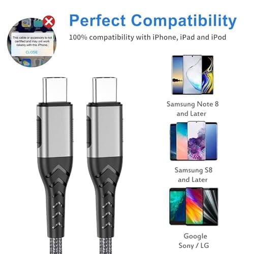 Durcord 2Pack 10ft USB C Charger Cable - 100W Fast Charging for Android/Phone/Pad, Type C to Type C Compatible with iPhone 17/16/15 Pro Plus Max Silver — view 4