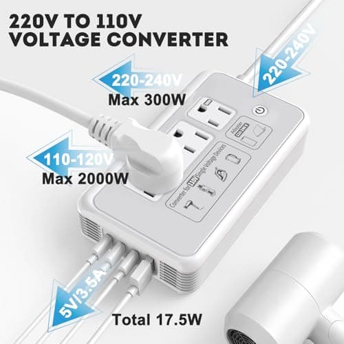 Mapambo 2000W 220V to 110V Converter for Hair Dryer, Voltage Converter US to Europe, Converter for European Travel with Type G C I L, Universal Travel Adapter with 2 USB-C 2 USB-A (Gray) — view 3