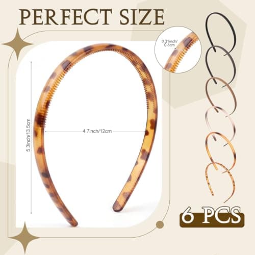 WILLBOND 6 Pieces Plastic Headbands for Women Thin Headband with Teeth Plain Head Bands for Halloween Christmas Women's Hair (8 mm,Multicolor Tortoise Series)