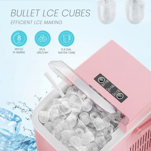 KMFurnila Ice Makers Countertop, Portable Ice Machine with Handle, 6 Mins 9 Bullet Ice Cubes with Basket and Scoop, 26lbs in 24Hrs, Auto-Cleaning, for Home, Kitchen, RV, Camping, Pink — view 2