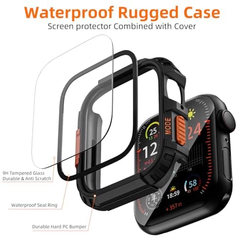 Zumyzu Rugged Waterproof Case for Apple Watch 44mm Series 6 5 4 SE with Tempered Glass Screen Protector, Durable Hard PC Bumper Protective Face Cover for iWatch 44 mm Black — view 3