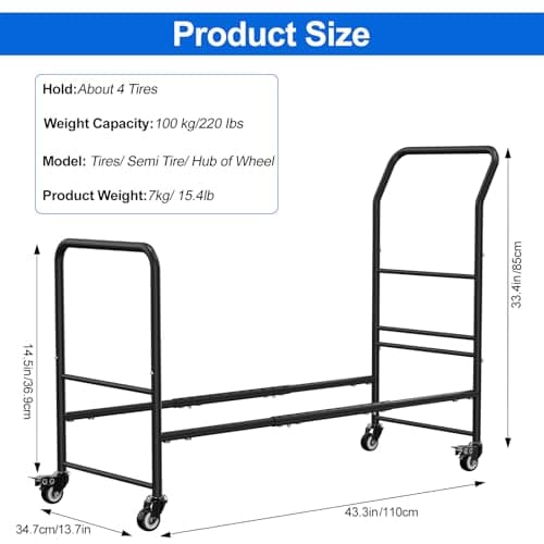 Rolling Tire Storage Rack,2 in 1 Mobile Metal Tire Storage and Transport Trailer Cart,43.3" x 34" x 13.7" Heavy Duty Tire Rack with 4 Wheels for Garage & Repair Shops,Black