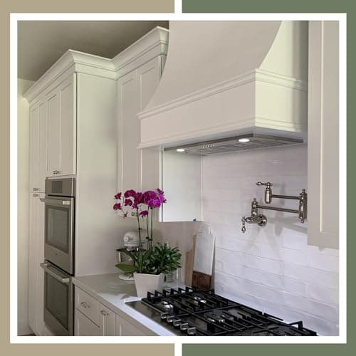 Riley & Higgs Unfinished Wood Kitchen Range Hood Cover, Sloped Front Wall Mount Vent Hood, Classic Trim, PlyWood with Maple, 43.5” W x 30” H