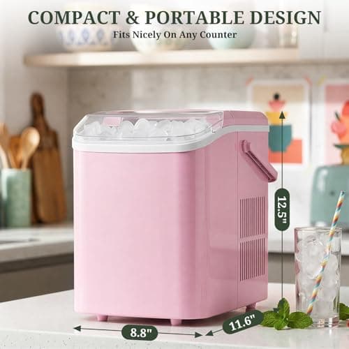 Ice Maker, Portable Ice Makers Countertop with Handle, Basket & Scoop, 26Lbs/24Hrs, 9 Bullet Ice Cubes in 6 Mins, 2 Ice Sizes, Self-Cleaning, Quiet Compact Ice Machine for Home Kitchen Party, Pink — view 3