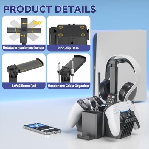 KDD Dual Controller Holder with Headphone Stand - Multi-Functional Desk Storage Box with Phone Holder - Universal Controller Stand with Desktop Organizer for Remote Control Pen Accessories(Black) — view 5