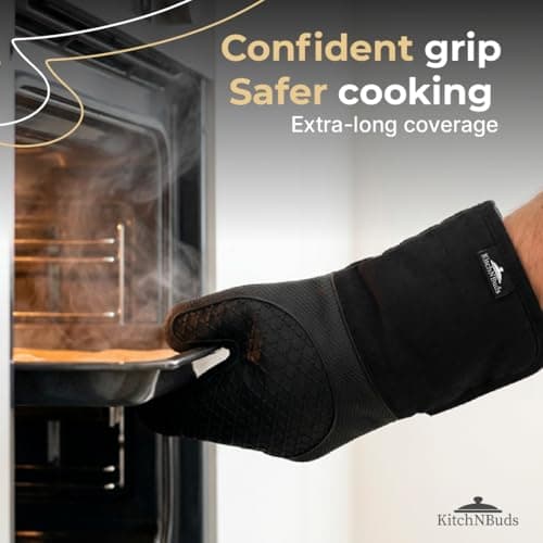 Kitch N Buds Oven Mitts, Extra-Long 15 in (38 cm), Black, Non-Slip Silicone Grip, Heat Resistant up to 500°F, Soft Cotton Lining