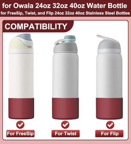 Silicone Water Bottle Boot for Owala 24oz, Anti-Slip Protective Sleeve Watter for FreeSip, Twist, and Flip Stainless Steel Bottles, Bottom Bumper Cover, BPA Free, Black Cherry