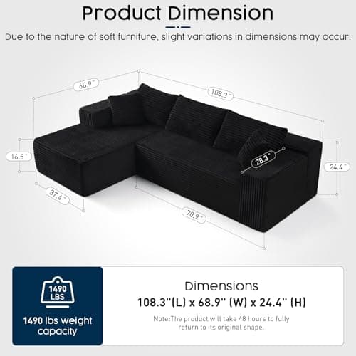 Sectional Couch for Living Room - 108" Modular Cloud Sofa with Chaise, Ultra Soft Corduroy L-Shaped Large Couches, Boneless Deep Seat Sectional Couch, No Assembly Required