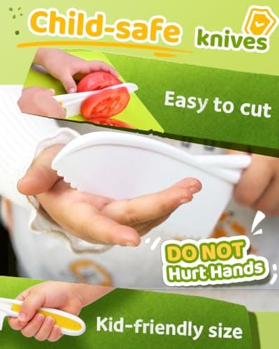 Yeeammk Kids Knife Set for Real Cooking, 5 Pcs Kid Safe Plastic Kitchen Knife Set with 3 Knives and 2 Cutting Boards, Montessori Cooking Set for Kids — view 2