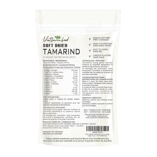 SOFT DRIED TAMARIND 5.29 Oz (150g) VIETFARMFOOD: Convection dried fruit with a little sugar, salt, natural sweetness, soft when chewed. Suitable for snacking, topping, healthy desserts for all ages