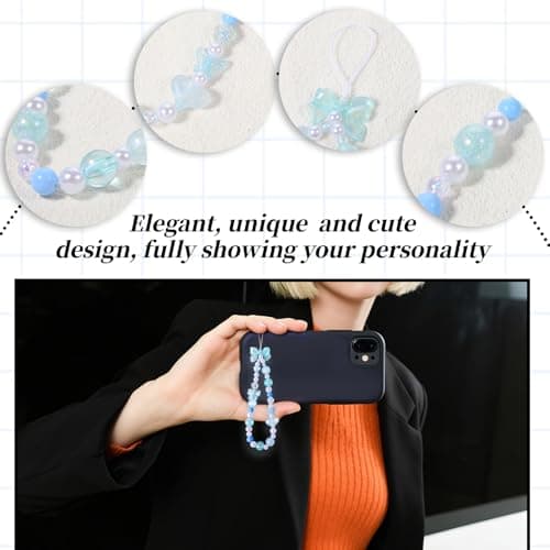 Beaded Phone Charms Strap, 3 Pcs Camera Charm Strap Wristlet Keychain Butterfly Flower Heart Bow Lanyard Chain Cute Lanyard Wrist Straps Cellphone Charm for Phone Case, Wallet (Pink, Purple, Blue) — view 3