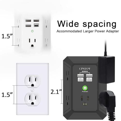 USB Wall Charger, Surge Protector, QINLIANF 5 Outlet Extender with 4 USB Charging Ports(2U2C) 3-Sided 1680J Power Strip Multi Plug Outlets Wall Adapter Spaced for Home Travel Office,Black — view 4
