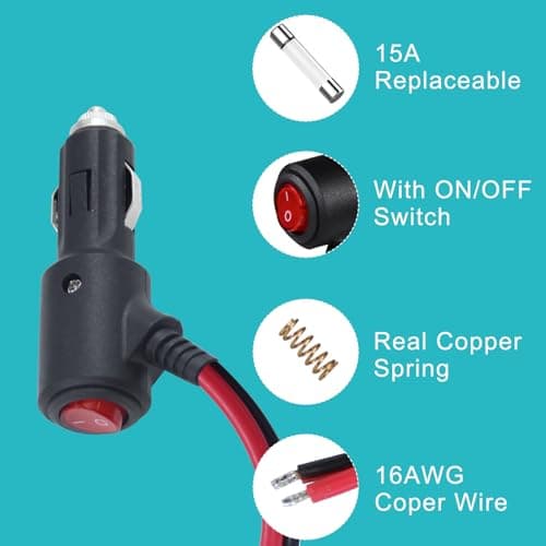 12Volt Replacement Cigarette Lighter Male Plug with On Off Switch - 1FT 12V Fused 15amp Cigarette Male Plug with 16gauge Leads, 12V DC Car Plug Replacement for Car Cooler,Cb Radio, Air Compressor — view 5