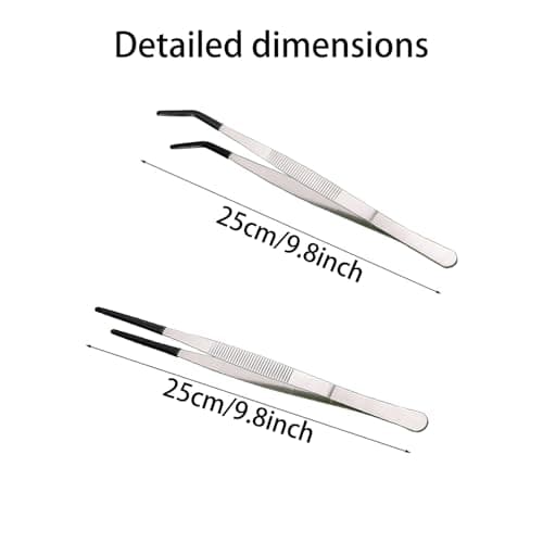2 Piece Stainless Steel Reptile Feeding Tongs with Rubber Tips, 9.8" Straight Tweezers and Curved Tweezers - Bearded Dragon and Lizard Feeding Tools - Terrarium Supplies