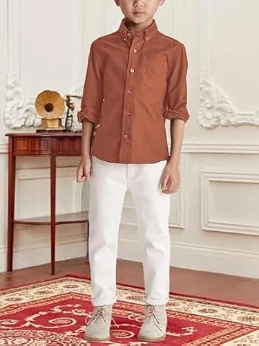 Haloumoning Boys' Long Sleeve Dress Shirts Classic Collared Button-Down Tshirt Solid Cotton Top with Chest Pocket, Brown, 6-7 Years
