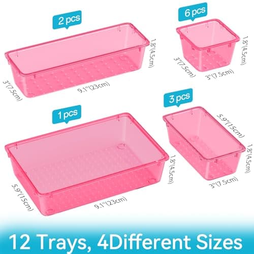 ElegantArray 12 PCS Drawer Organizer Set, 4 Sizes Tool Storage Trays, Clear Plastic Makeup Vanity Organizer and Storage Bins for Stationeries, Multiple Gadgets for Office, Bedroom, Pink — view 3