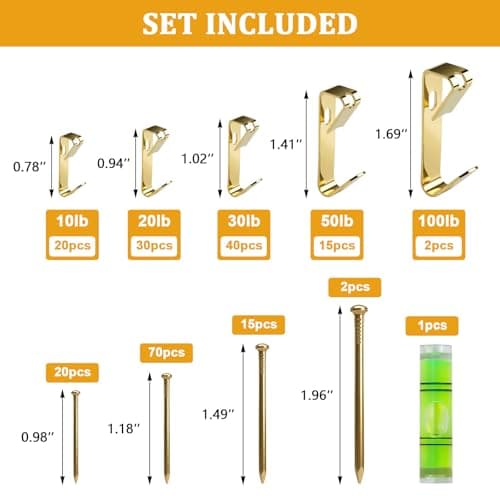 KURUI 214Pcs Picture Hanging Hooks, Renter Friendly Picture Hanging Kit with Heavy Duty Picture Hangers and Hardware Nails, for Frame, Painting, Art and Photo, on Drywall,Plaster, and Wood Wall