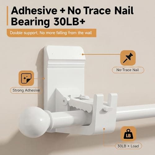 Universal Heavy Duty Curtain Rod Brackets, No Drill Curtain Rod Brackets with Adhesive & Invisible Nail, 30+LB Load Curtain Rod Holders, Damage Free Curtain Rod Hooks for Wall, Bathroom, Kitchen 2PC — view 4