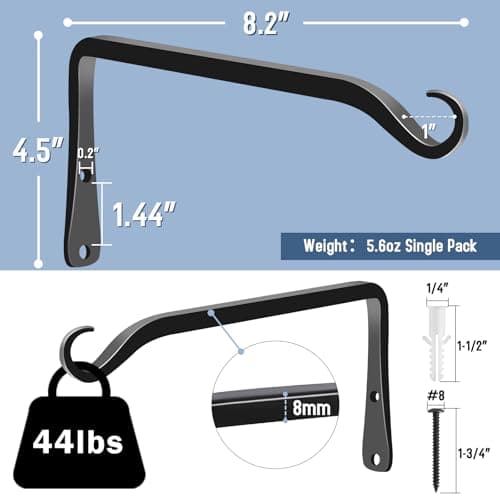 FEED GARDEN 2 Pack 8 Inch Hanging Plant Bracket Wall Hooks Decorative Plant Hangers for Outdoor Hanging Bird Feeders, Wind Chimes, Plant Baskets, Black