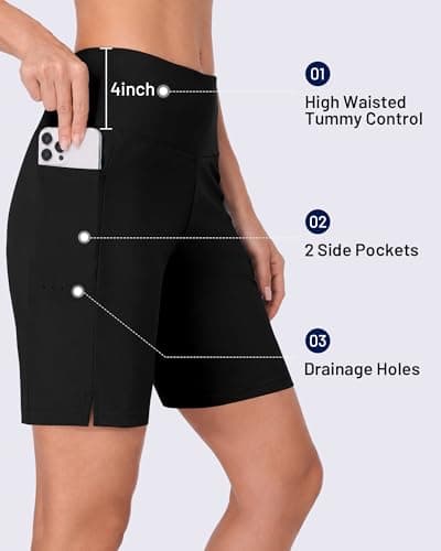 Moozava Women's 7" Long Swim Board Shorts High Waisted Quick Dry Swimsuit Bottoms Bathing Beach Swimming Trunks with Pockets Liner UPF 50+ Black L — view 3