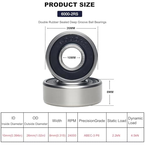 10 PCS 6000-2RS Double Rubber Seal Bearings 10x26x8mm, Pre-Lubricated and Stable Performance and Cost Effective, Deep Groove Ball Bearings. (6000-RS)