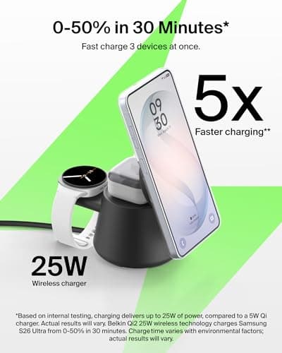 Belkin 3-in-1 Wireless Charging Station for Samsung Galaxy S26, Android - Qi2.2 25W Magnetic Charger for Pixel 10, iPhone 17, USB C Port for Galaxy, Pixel, & Apple Watch (Watch Charger Not Included) — view 3