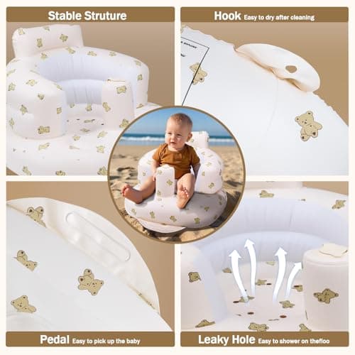AirSwim Inflatable Baby Chair, Inflatable Baby Seat for Babies 3 Months and Up, Summer Blow Up Chair with Built in Air Pump, Bumbo Seat for Learning to Sit, Palying, Camping, Bear