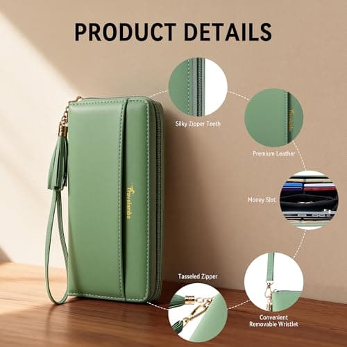 Travelambo Womens Wallet Tassel Bifold Ladies Clutch Wristlet Wrist strap Long Purse (Access Green Blooming) — view 5