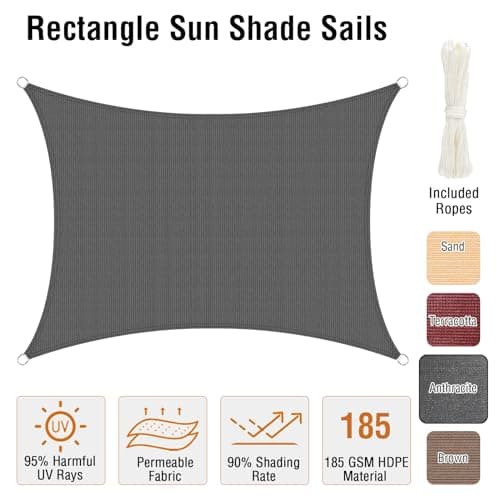 Duerer Sun Shade Sail Canopy 12' x 16' Rectangle, 95% UV Block, Permeable 185GSM Sail Shade Cover for Patio, Garden, Pergola, Backyard, Outdoor Facility & Activities -Anthracite