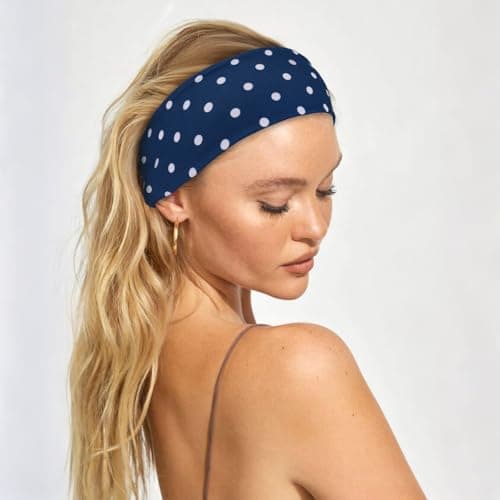 Wecoe Polka Dot Headbands for Women 3 PCS Stretchy Wide Headbands Non-Slip Soft Fabric Hairband Hair Accessories for Gym Yoga Makeup Washing Face(White, Black, Navy Blue)