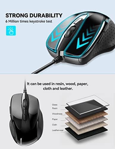 TECKNET USB Wired Mouse, 6-Button Corded Computer Mouse with 4 Adjustable DPI, Optical Computer Mice with Ergonomic Design and 5FT Cord for Laptop, Chromebook, PC, Desktop, Mac, Notebook-Black — view 4