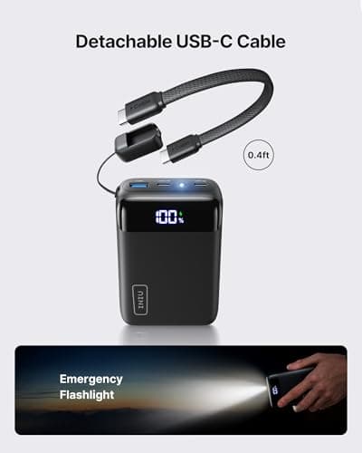 INIU Smallest 20000mAh Power Bank, 22.5W PD Fast Charging Portable Charger with Detachable Cable, Flight-Safe Battery Pack with LED Display for Travel Xiaomi iPhone Samsung Google, Mini Size, Black — view 5