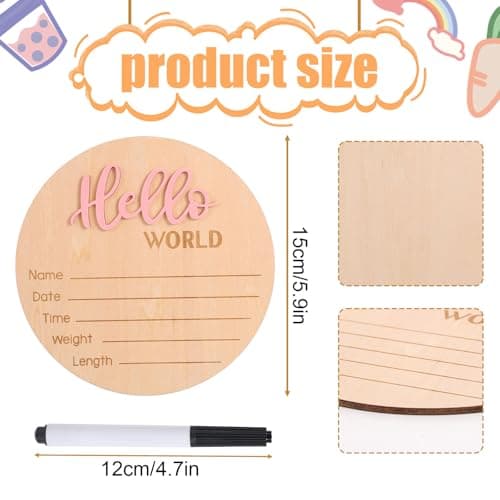 Newborn Announcement Sign with Pen, 5.9in Wooden Hello World Baby Welcome Sign for Newborn Boys and Girls Photo Props Baby Shower Hospital Nursery (Light Pink)
