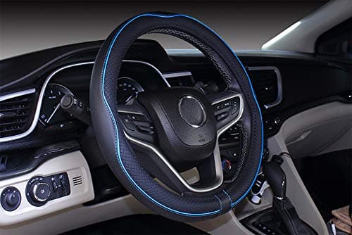Mayco Bell Universal Standard Size Steering Wheel Cover Anti-Slip,Safety,Soft,Breathable,Durable,Full Surround,Comfortable Grip Microfiber Leather (14.5-15 inch,Black Blue)