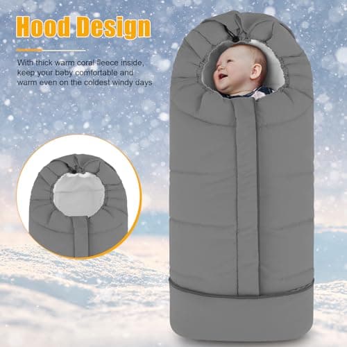 Yoofoss Stroller Cover for Winter, Toddler Stroller Footmuff Universal for Most Stroller, Water Resistant Warm Coral Baby Stroller Bunting Sleeping Bag Light Grey — view 2