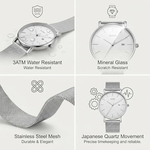 BUREI Ultra Thin Minimalist Men Watch, All Silver Stainless Steel Mesh Band,Analog Waterproof Casual Business Wristwatch, Gift for Father — view 2