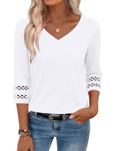 isermeo Womens 3/4 Length Eyelet Sleeve Tops V Neck Business Casual Blouses Summer Tees Shirts 2026 White M