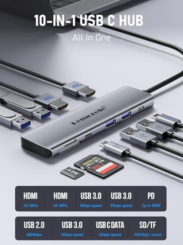 Laptop Docking Station Dual HDMI Monitor, 10 in 1 USB C Hub with 2 HDMI Ports, PD Charging, SD/TF, 5 USB C/A Ports, Laptop Docking Station for Dell XPS/HP/Lenovo/Surface(MacOS only Supports SST Mode) — view 3