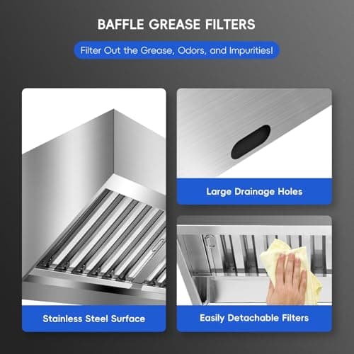 9FT Commercial Exhaust Hood - 201 Stainless Steel Rust-Resistant Vent Hood with 4 Detachable U-Shaped Grid Oil Filters for Commercial Kitchens (Food Truck/Concession Trailer/Restaurant) — view 2