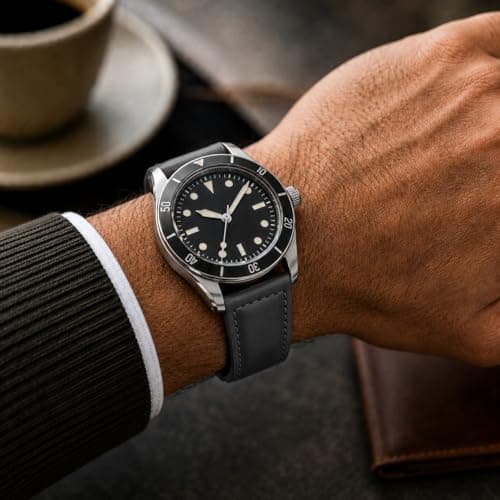 Bandini Extra Long (XL) 18mm Mens Italian Leather Watch Band Strap - Black - Mat Finish - Tone-on-Tone Stitching