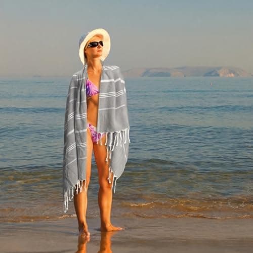 Aegero Turkish Beach Towel, 36"x71" Quick Dry Sand Free Oversized Bath Pool Swim Towel, Lightweight Travel Turkish Towels Vacation Essentials, Light Gray — view 5