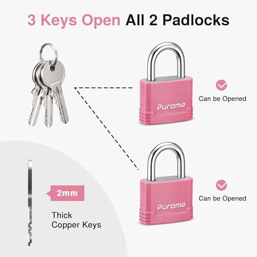 Puroma Lock Heavy Duty Keyed Padlock with 3 Keys Alike, 1-2/3 Inch Outdoor Anti-Cut Shackle Locker Lock for Gates, Fences, Sheds, Gym Lockers, Hasp Cabinets, Toolboxes (Pink, 2 Pack) — view 4